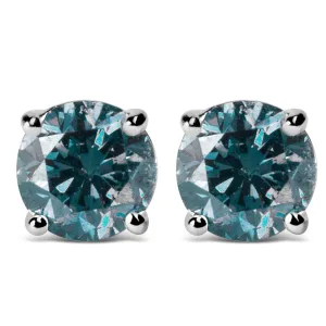 10K Gold Lab Created Round Brilliant Cut Diamond Classic 4-Prong Solitaire Stud Earrings - Pack Of: 1 | Stone color: Blue diamond | Metal color: White