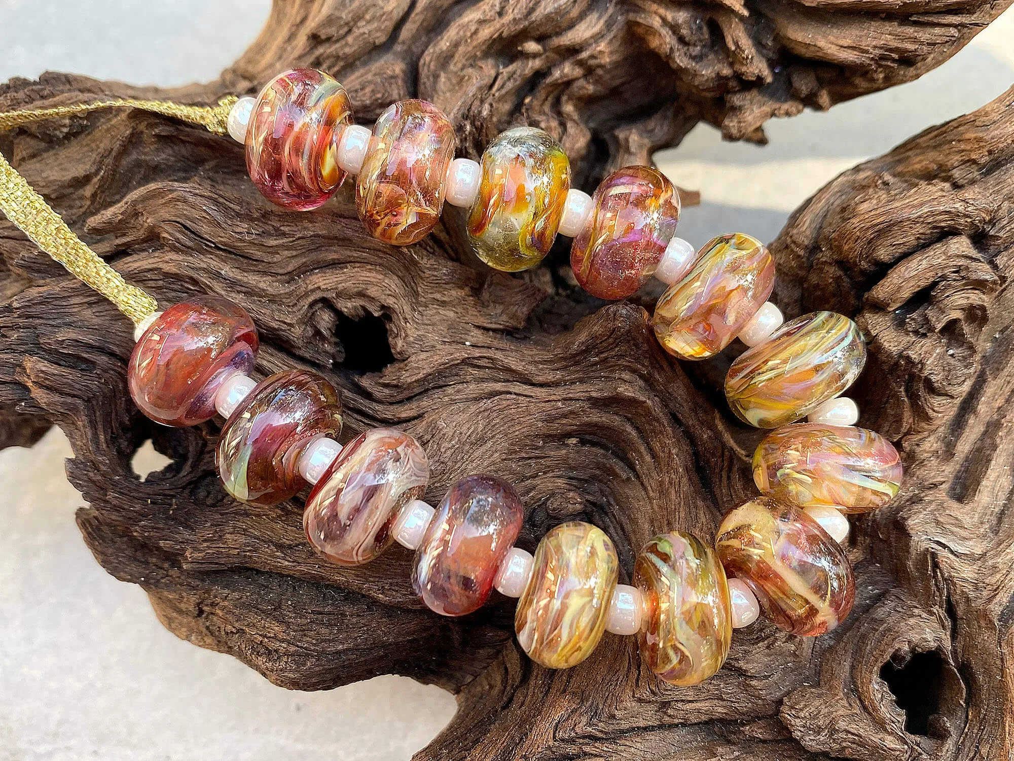 14 Handmade Fall Ruby Topaz Lampwork Beads Set SRA