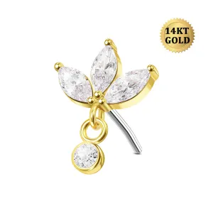 14K Solid Gold Lotus Clear CZ Top Helix Earring Nose Stud