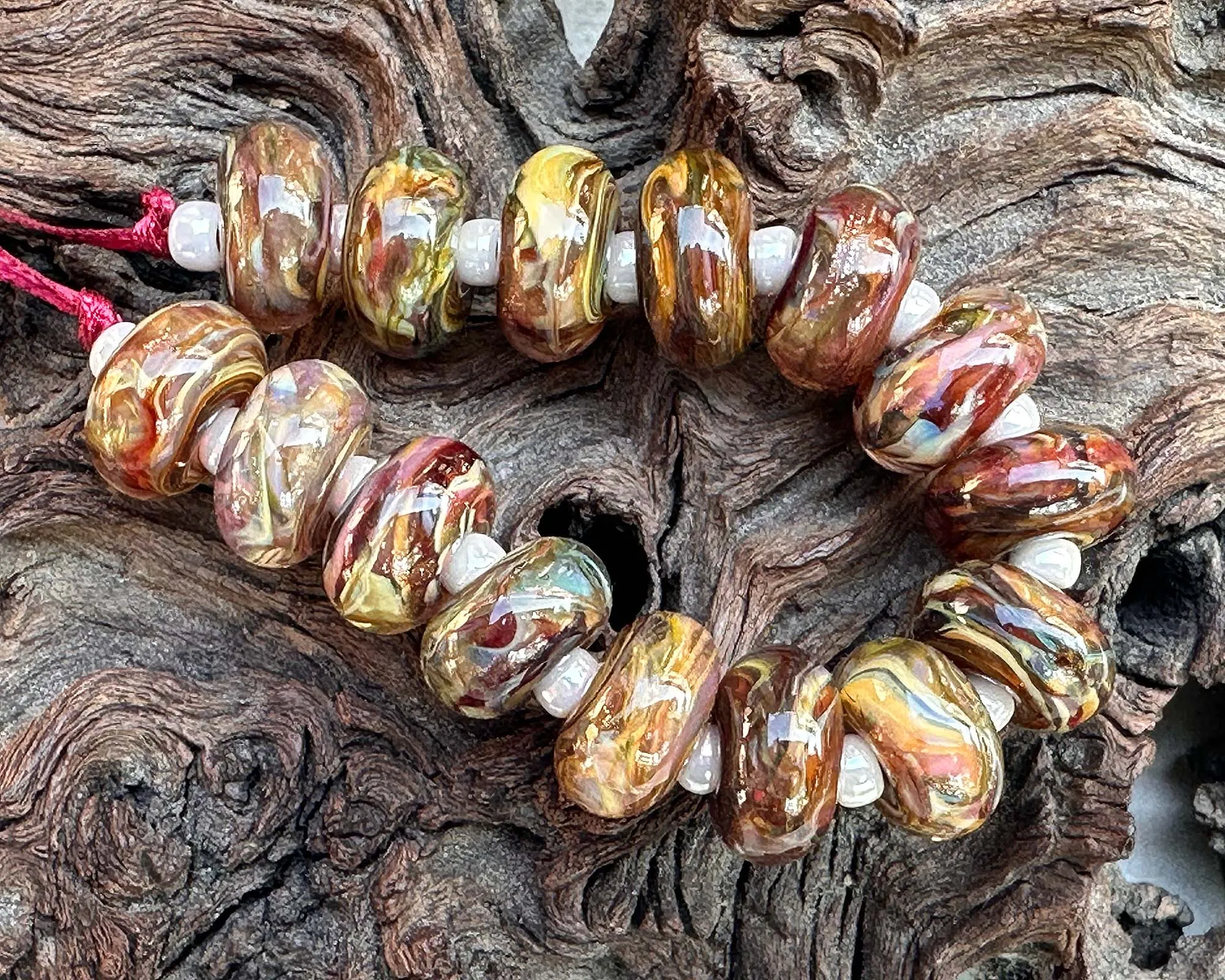 15 Ruby Brown Swirl Lampwork Beads Set SRA