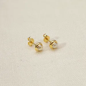 18k Gold Filled Pearl Stud With Bezel Around