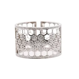 6.5 CTTW Round Cut Diamond Honeycomb Motif 18k White Gold Bangle Bracelet