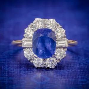 Art Deco Style Sapphire Diamond Cluster Ring 18Ct Gold 2.80Ct Sapphire