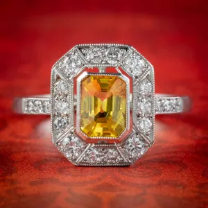 Art Deco Style Yellow Sapphire Diamond Cluster Ring Platinum 1ct Sapphire 1ct Of Diamond