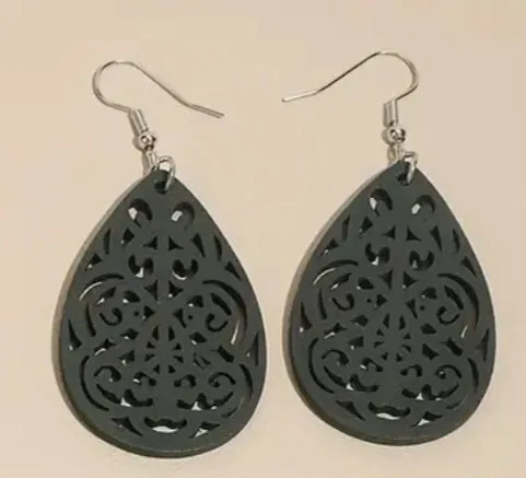 Black Wood Intricate Teardrop Earrings