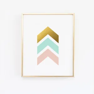 Chevron Arrows Print - Pink Mint and Gold Wall Print