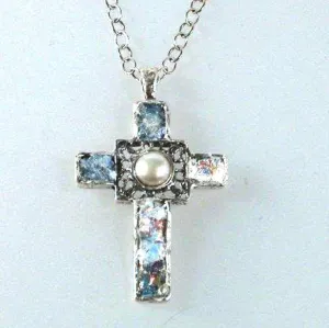 Cross pendant, Sterling Silver Hammered cross, Cross Roman Glass and Gemstones