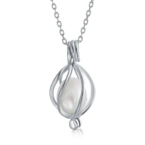 Drop Pendant White Freshwater Cultured Pearl Caged Sterling Silver 18"