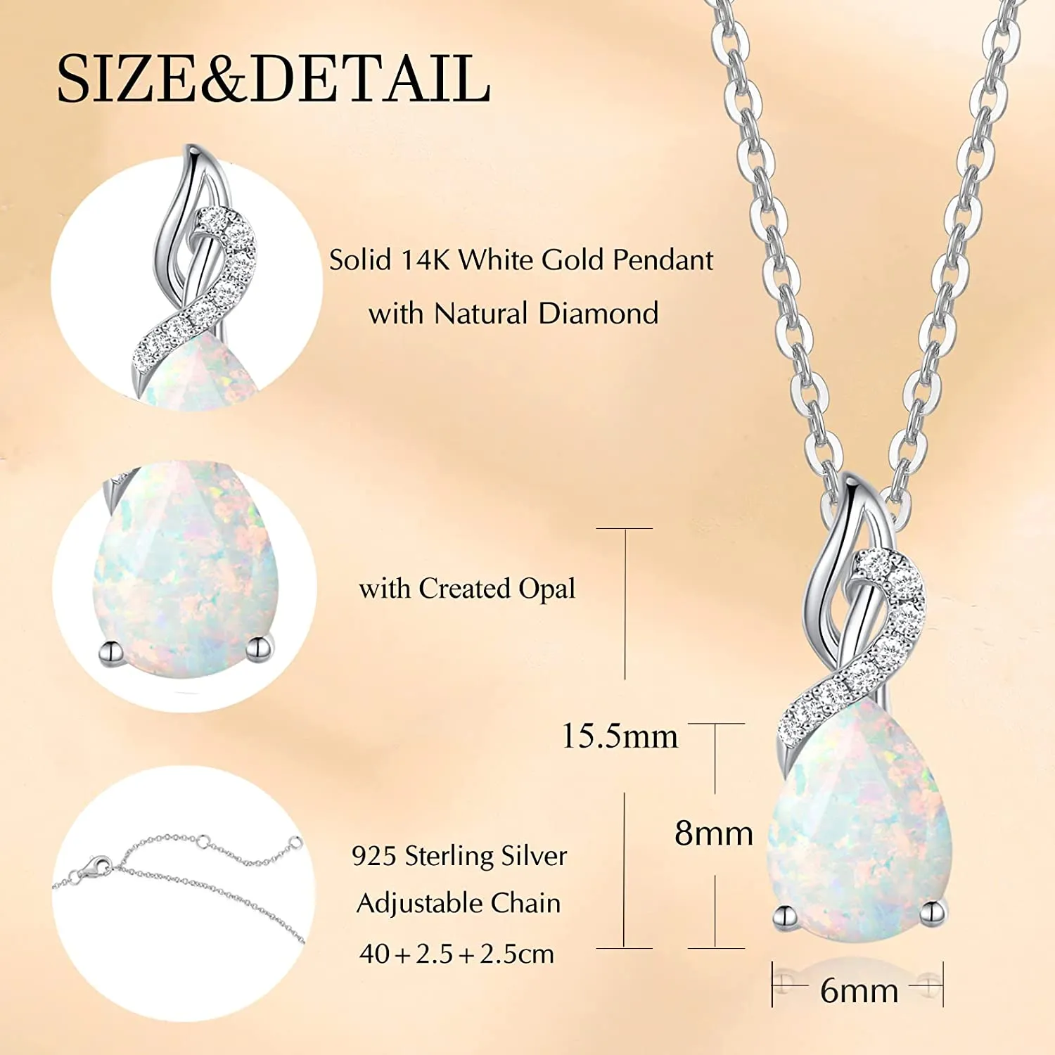 FANCIME "Timeless Heart " Opal October Gemstone Sterling Silver Necklace