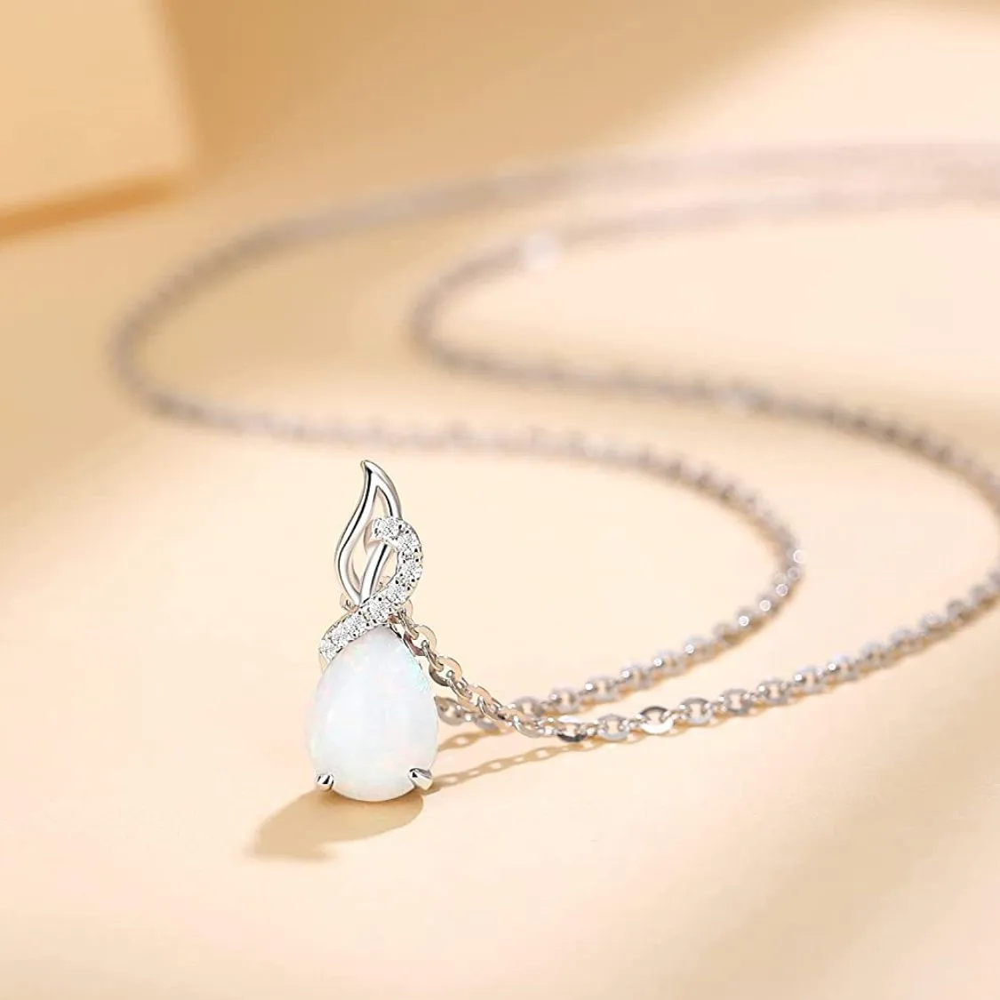 FANCIME "Timeless Heart " Opal October Gemstone Sterling Silver Necklace