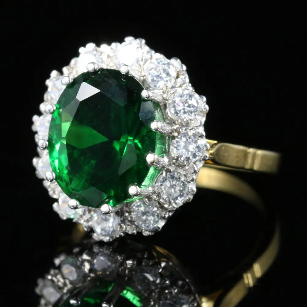 Green And White Paste Cluster Ring 18Ct On Silver