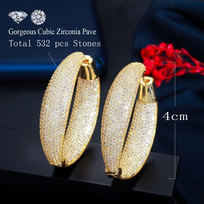 HIVAGI® Big Statement Micro Pave CZ Round Hoop Earrings, Gold Plated Luxury Bridal Jewellery for Women.