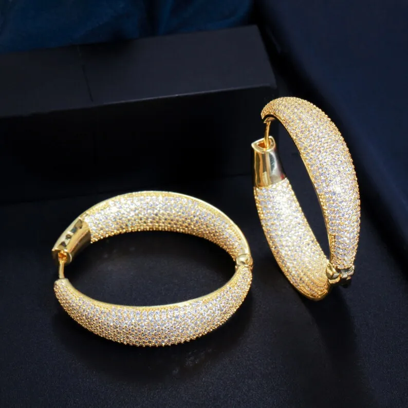 HIVAGI® Big Statement Micro Pave CZ Round Hoop Earrings, Gold Plated Luxury Bridal Jewellery for Women.