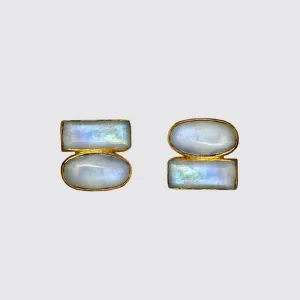 Jane Diaz | Oval Cabochon and Baguette Double Stone Stud in Rainbow Moonstone