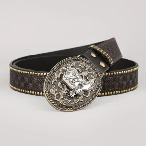 Men's Retro Silver Boots Oval Buckle Leather Belt