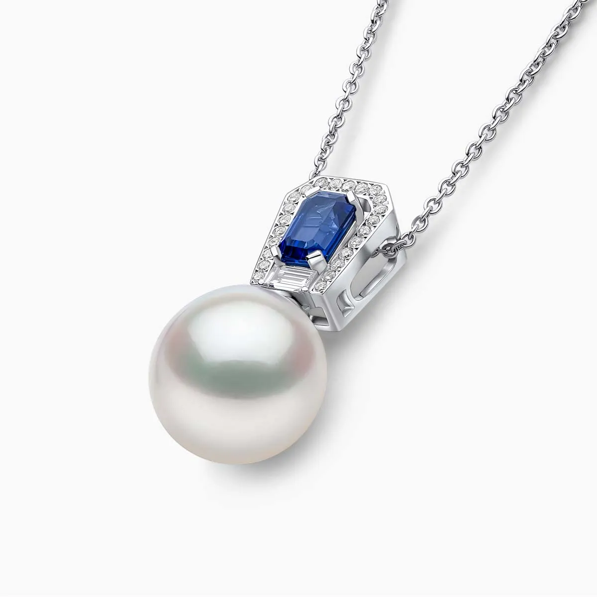 Ophelia 18K Gold South Sea Pearl Baguette Cut Sapphire Diamond Pendant