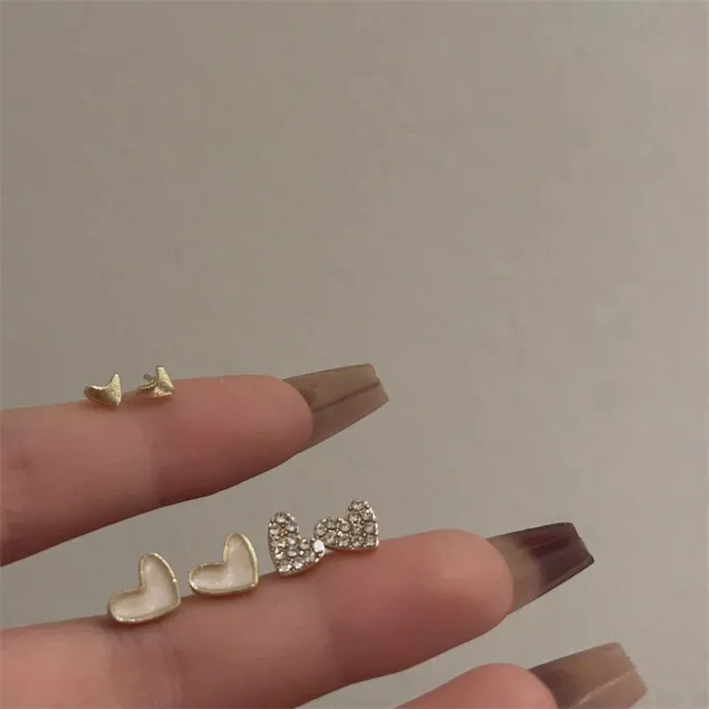 Pairs/set Cute Korean Heart Bling Zircon Shell Versatile Gold Color Fashion 2024 New Gifts 3 Earring