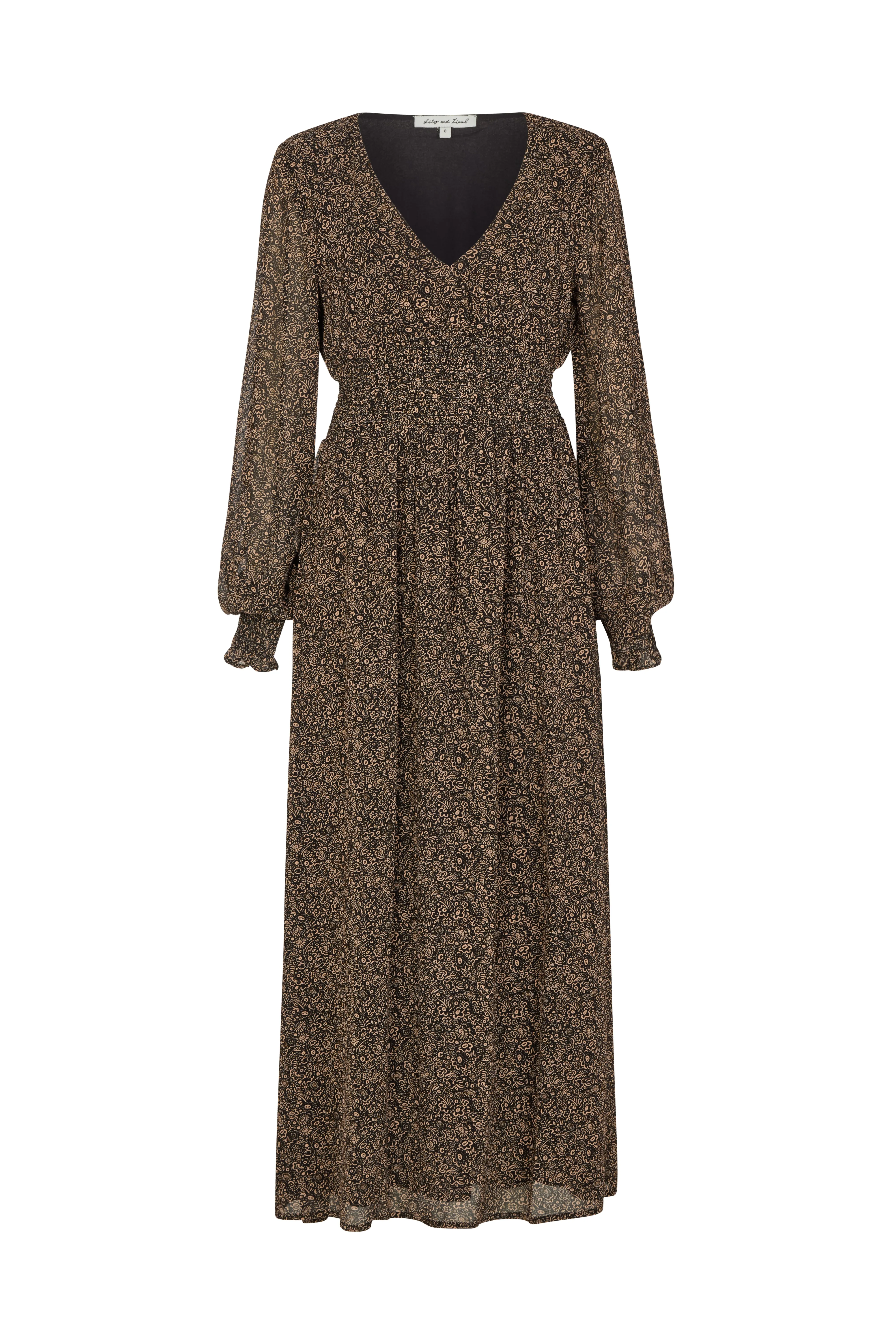 Pearl Ruched Waist Harvest Print Midi Dress In Brown