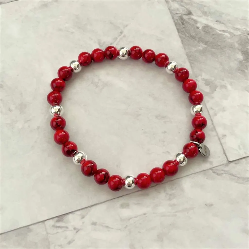 Red Mosaic and Silver Beaded Bracelet