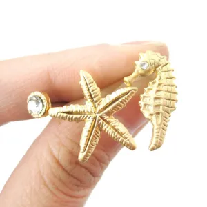 Seahorse Starfish and Rhinestone Shaped Allergy Free Stud Earrings in Gold | Animal Jewelry