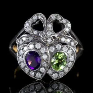 Suffragette Double Heart Ring 15Ct Gold Silver Amethyst Peridot Diamond