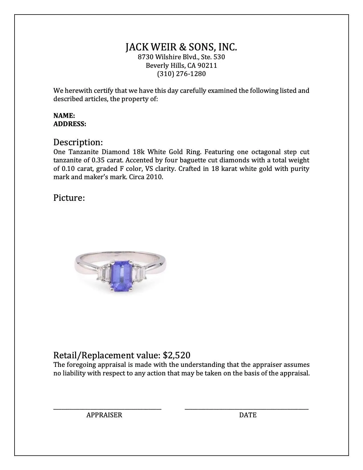 Tanzanite Diamond 18k White Gold Ring