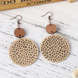 Wood Circle And Leatherette Dangle Earrings (Tan)